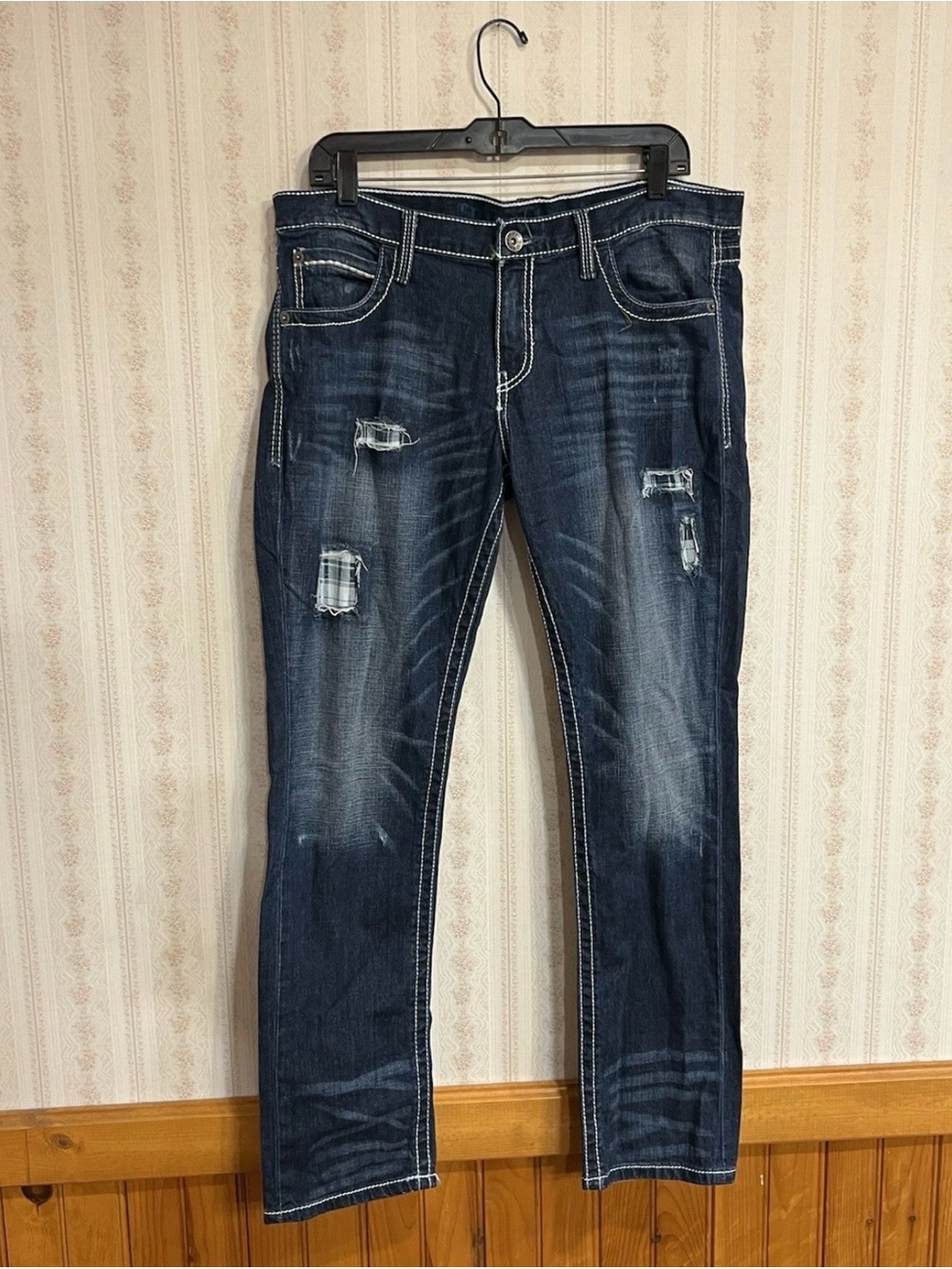 Cruel Denim Rhyon Mid Rise Boyfriend Straight Jeans Women’s 9 Blue Plaid Patch